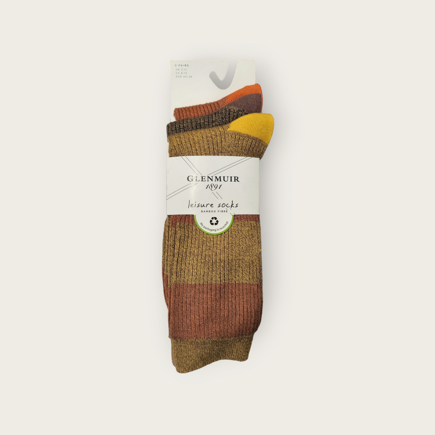 Glenmuir Soft Bamboo 3 Pack Socks - Yellow/ Brown/ Orange Stripe