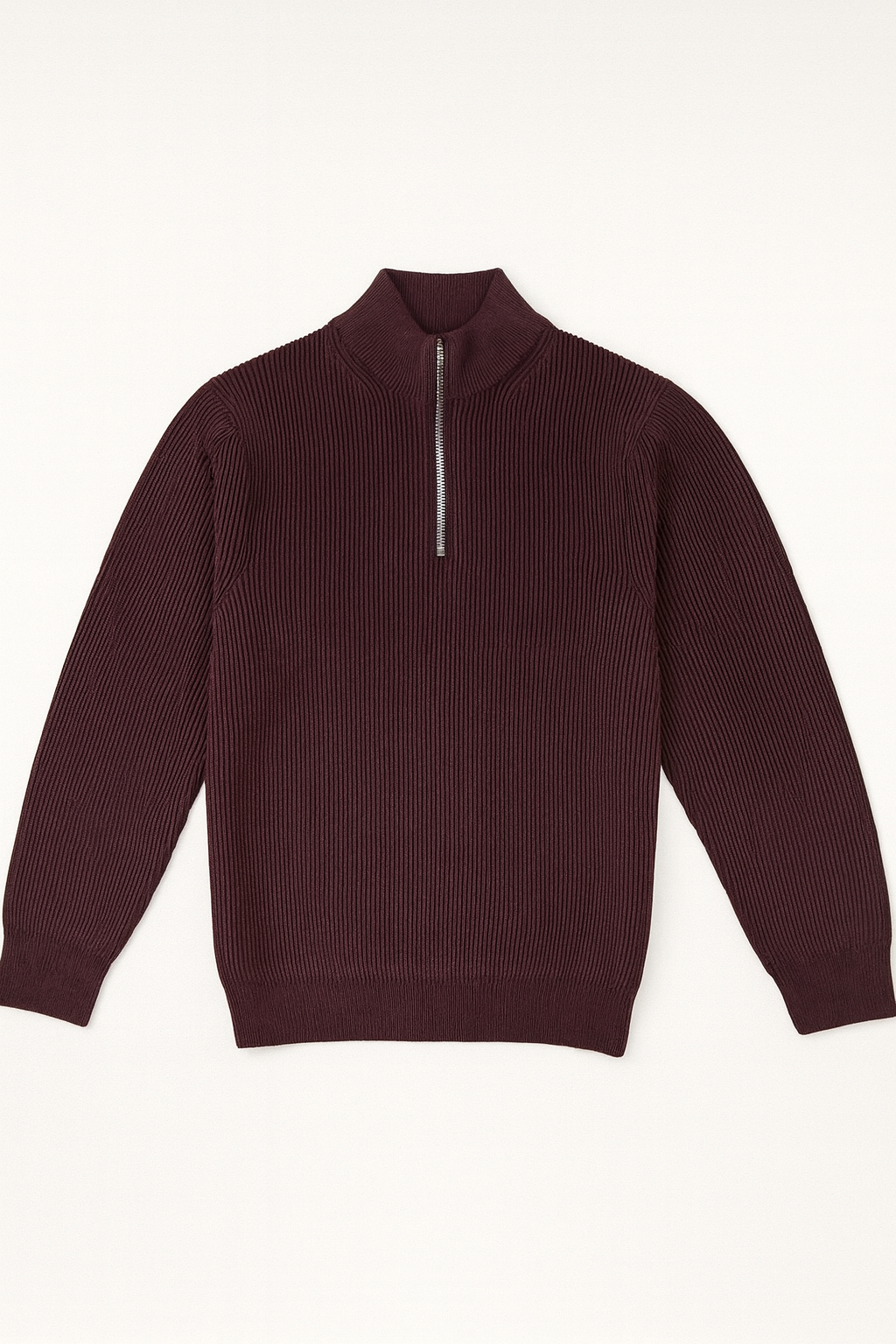 Maroon sweater with a quarter zip on a white background