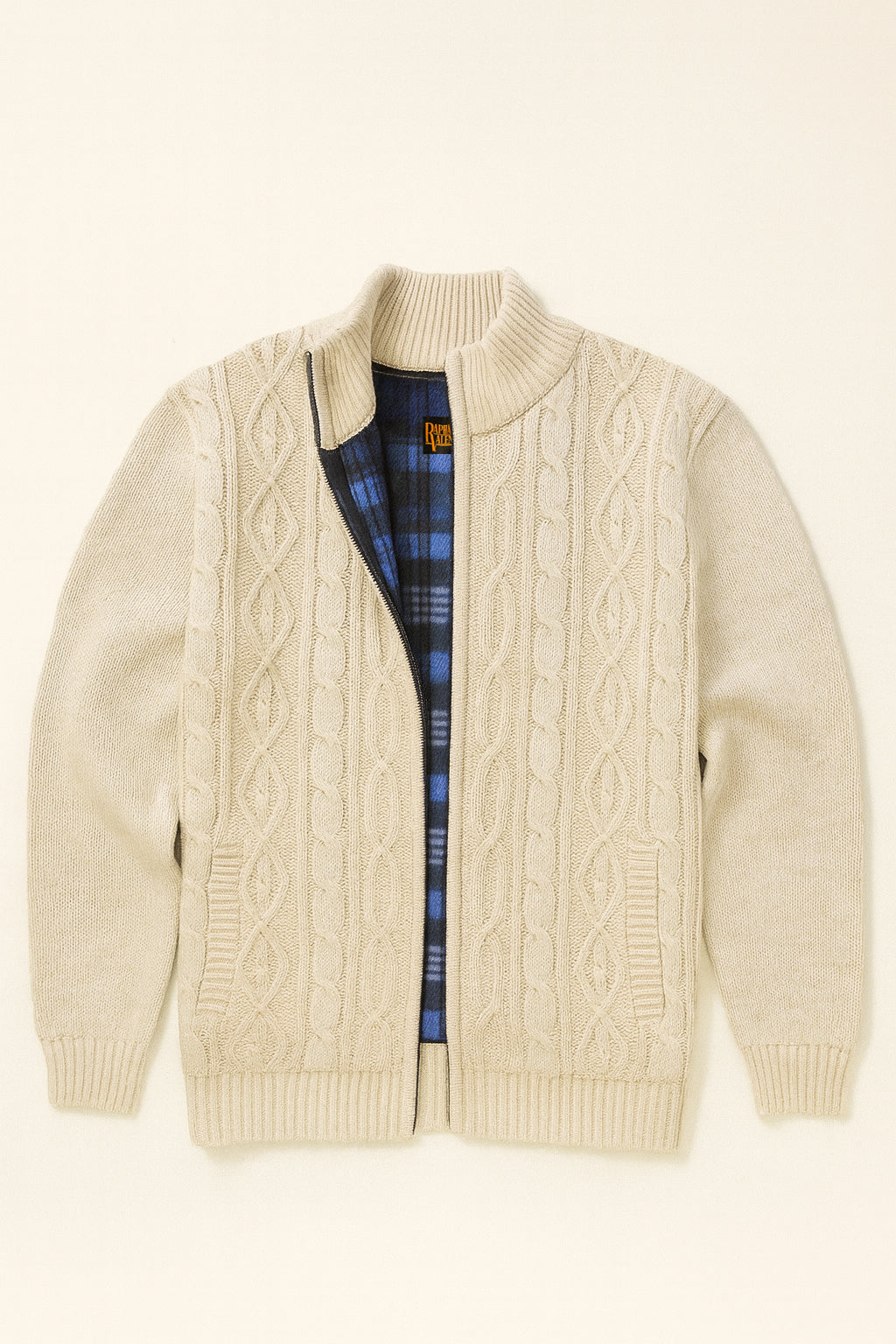 Chunky Cable Knit Fleece-Lined Zip Cardigan - Beige