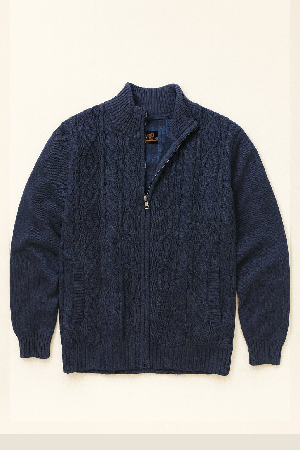 Chunky Cable Knit Fleece-Lined Zip Cardigan - Navy