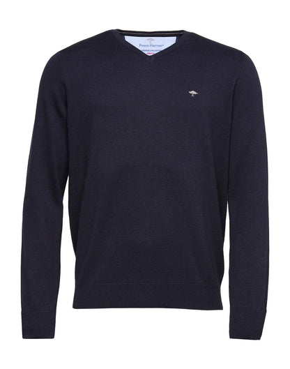 FINELY KNITTED V-NECK COTTON SWEATER - Navy