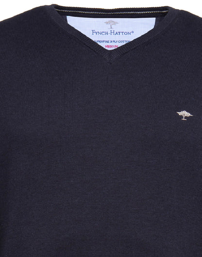 FINELY KNITTED V-NECK COTTON SWEATER - Navy