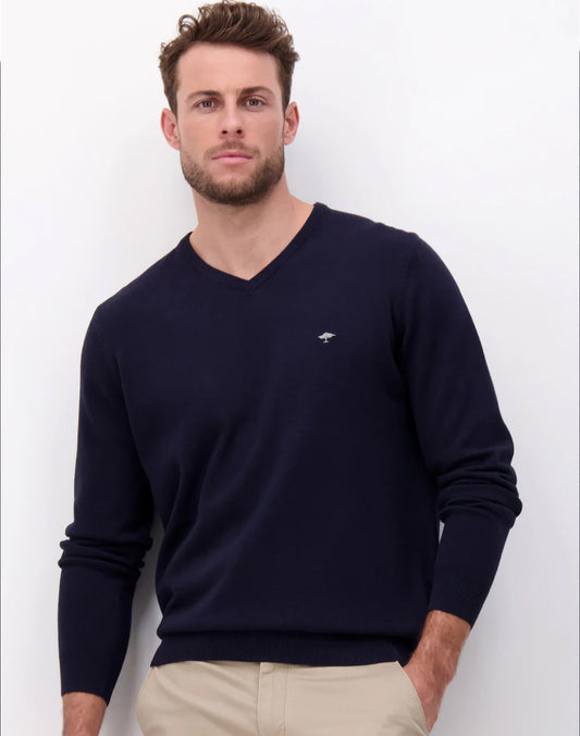 FINELY KNITTED V-NECK COTTON SWEATER - Navy