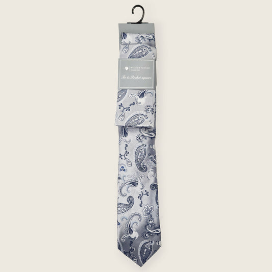 Tie and Hankie Set - Paisley Silver I104450