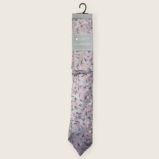 Tie and Hankie Set - Floral Silver and Pink I081991