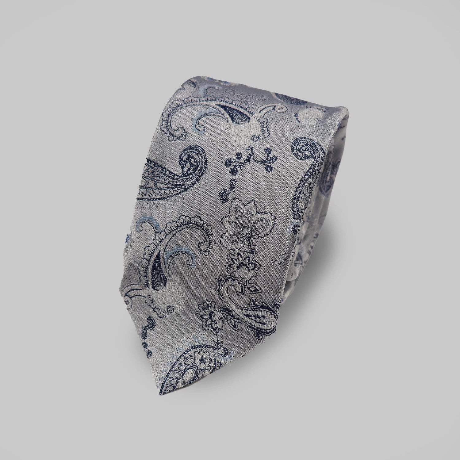 Strong Paisley Print Tie and Hankie - SIlver