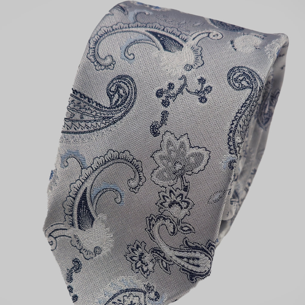 Strong Paisley Print Tie and Hankie - SIlver