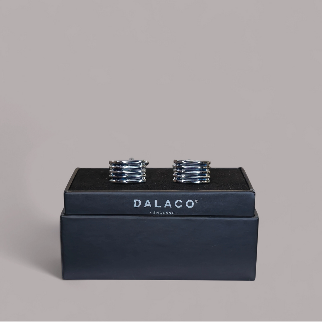 Blue Ribbed Rhodium Plated Cufflinks