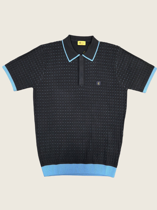 Gabicci Vintage - Short Sleeve Knitted Polo - Navy Textured Pattern