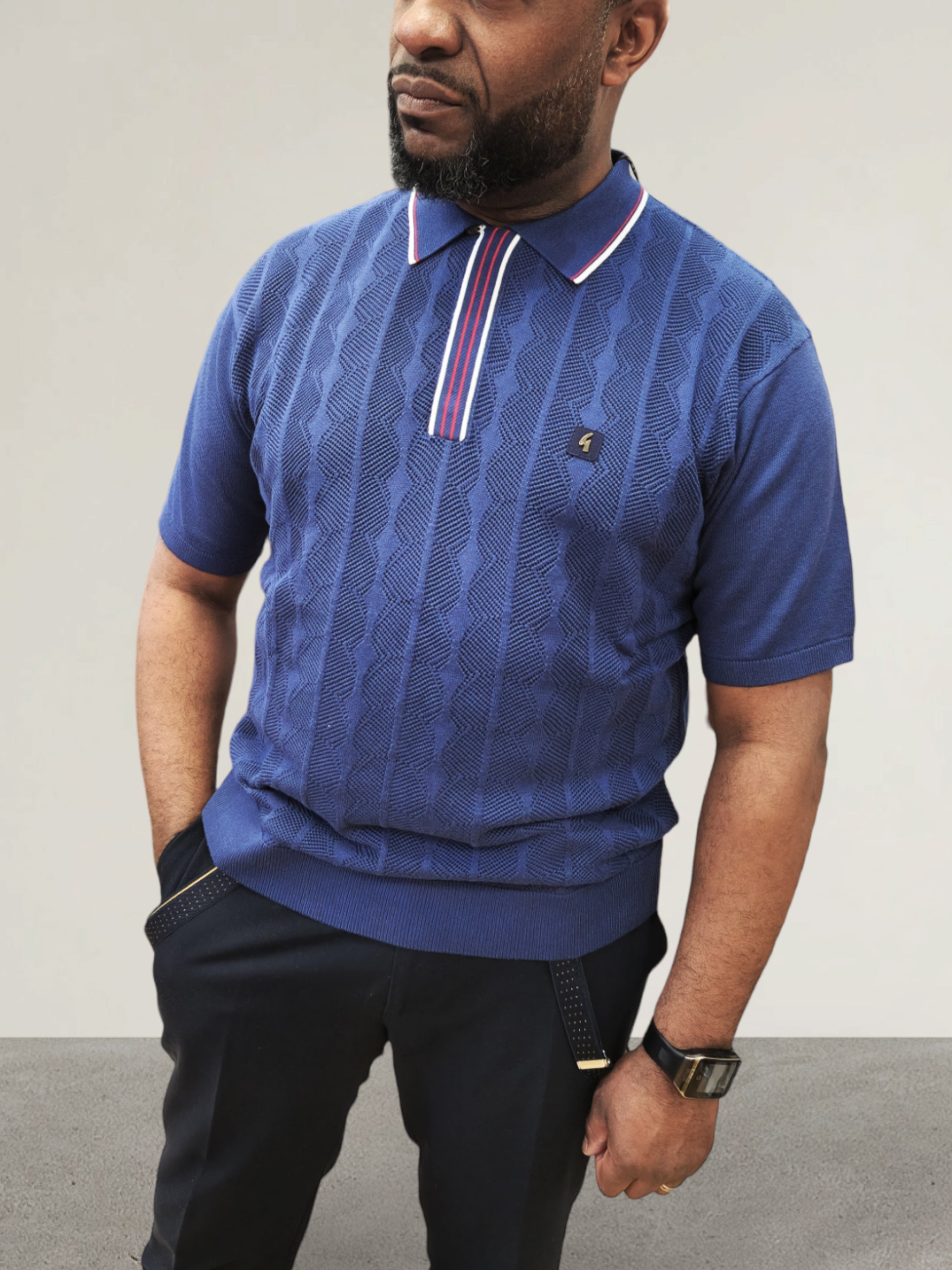 Gabicci Vintage - Short Sleeve Knitted Polo -Blue Textured Pattern – Blooms  Menswear