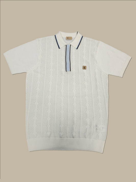 Gabicci Vintage - Short Sleeve Knitted Polo - Off-White Textured Pattern
