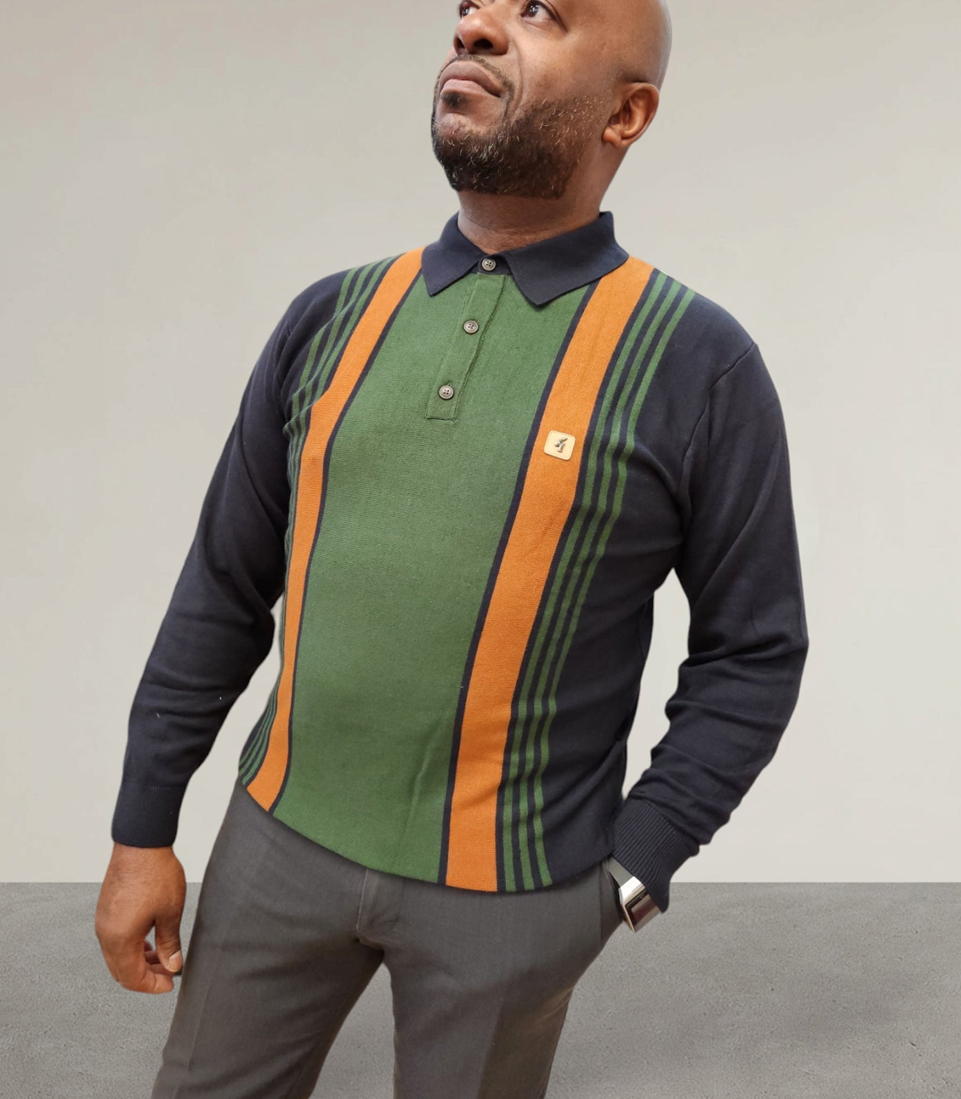 Gabicci Vintage - Long Sleeve Knitted Polo -  Green / Orange Stripe