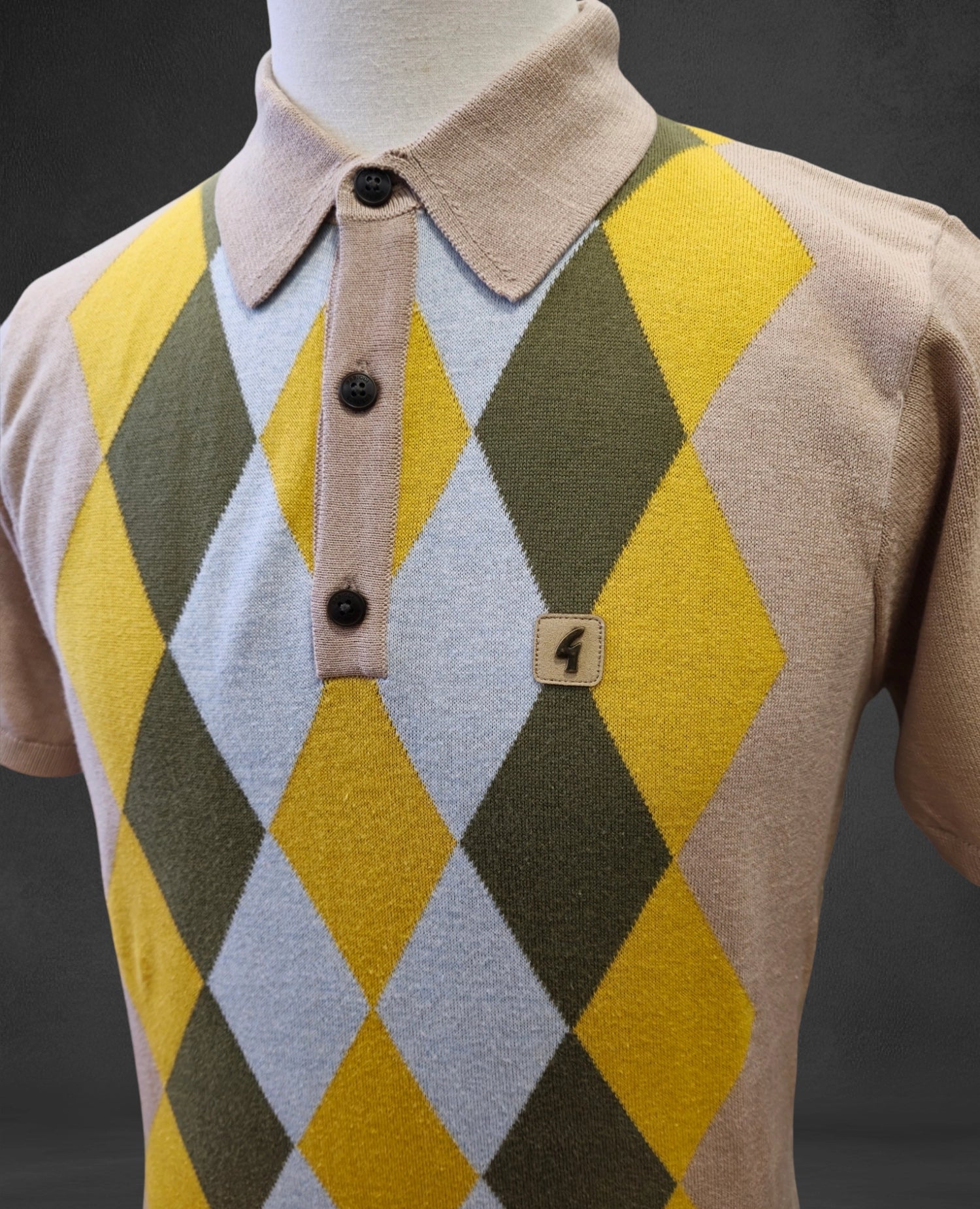 Gabicci Vintage - Short Sleeve Knitted Polo - Granola Argyle