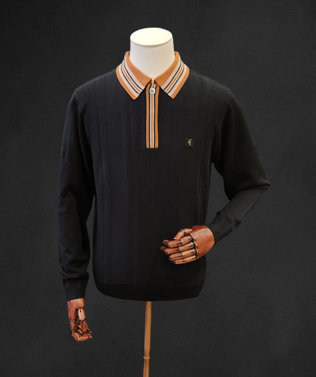 Gabicci Vintage - Long Sleeve Knitted Polo - Black / Walnut