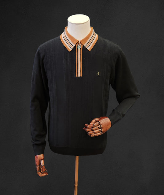 Gabicci Vintage - Long Sleeve Knitted Polo - Black / Walnut