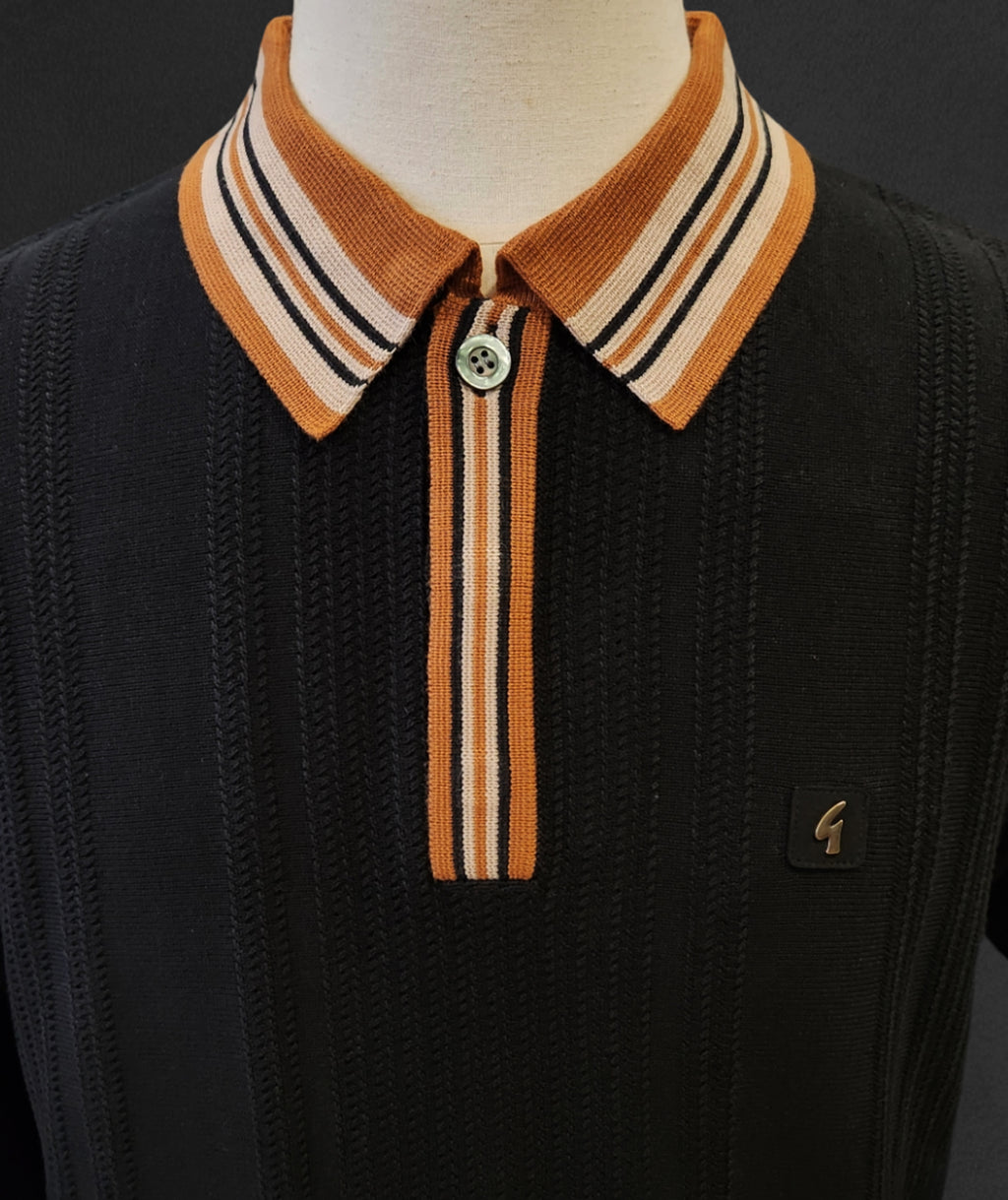 Gabicci Vintage - Long Sleeve Knitted Polo - Black / Walnut
