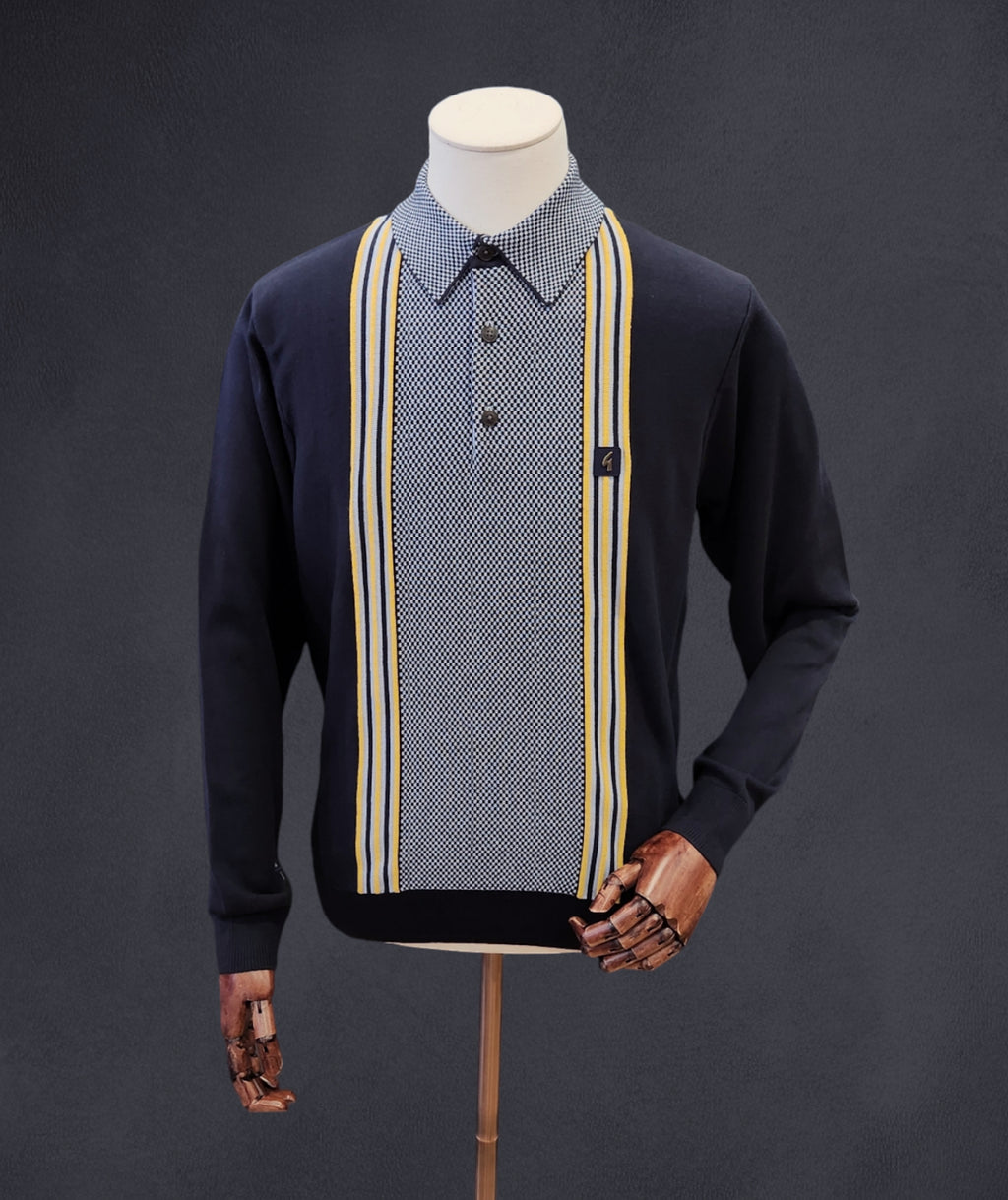 Gabicci Vintage - Long Sleeve Knitted Polo - Navy / Yellow