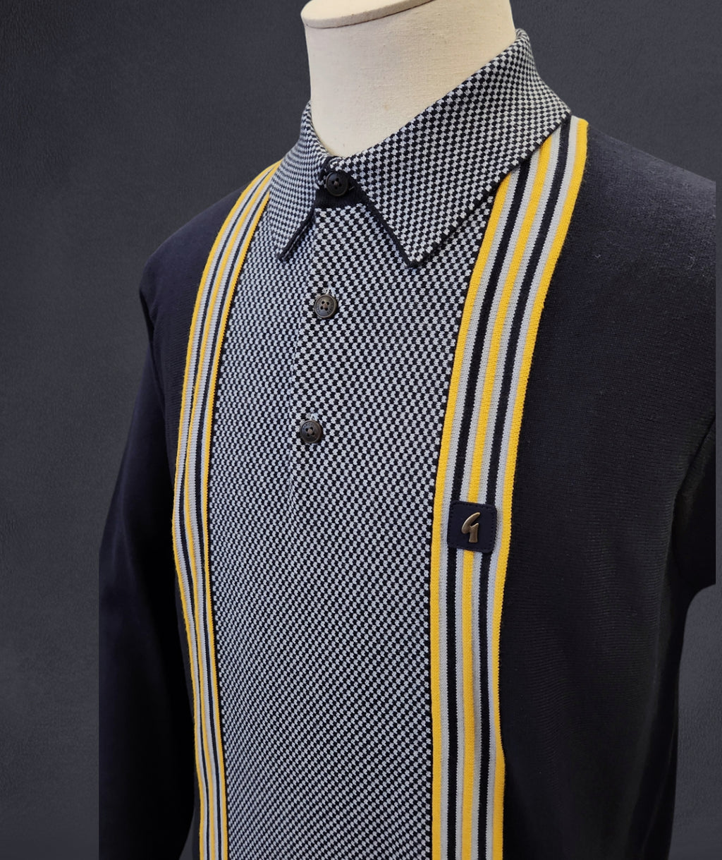 Gabicci Vintage - Long Sleeve Knitted Polo - Navy / Yellow
