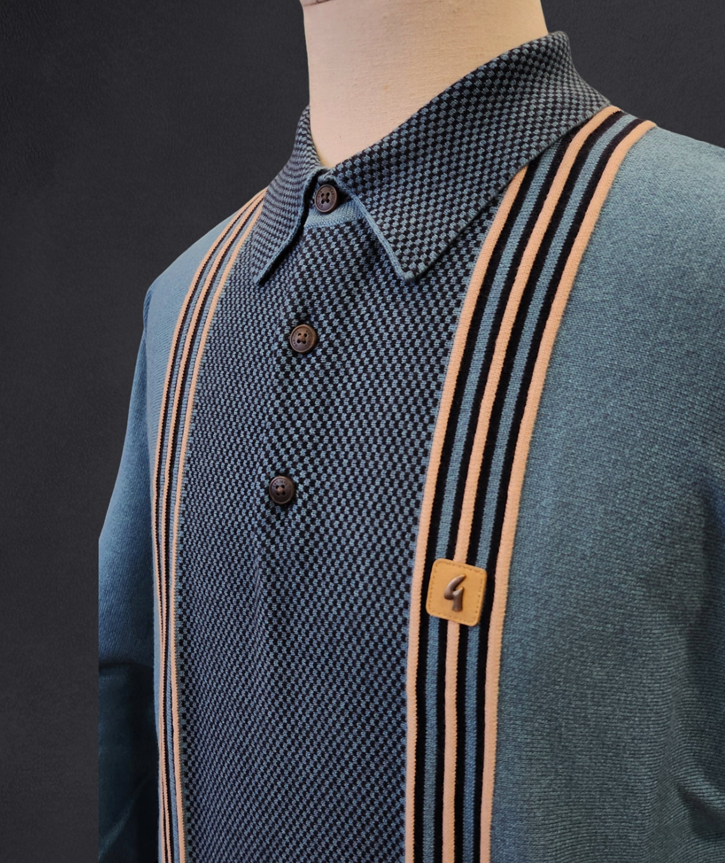 Gabicci Vintage - Long Sleeve Knitted Polo - Teal / Yellow