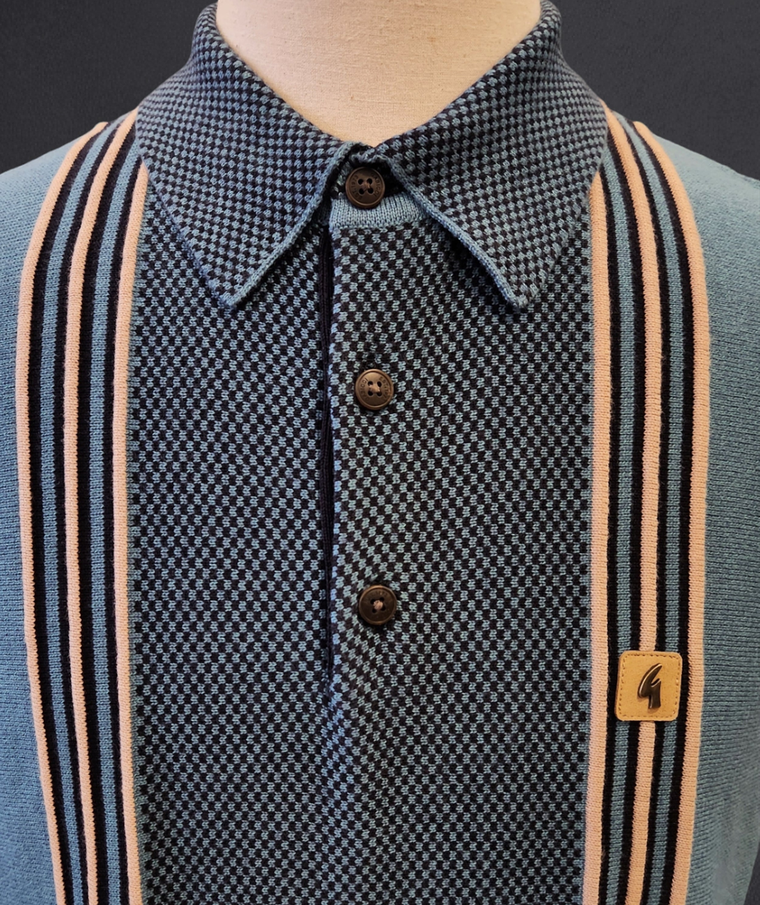 Gabicci Vintage - Long Sleeve Knitted Polo - Teal / Yellow