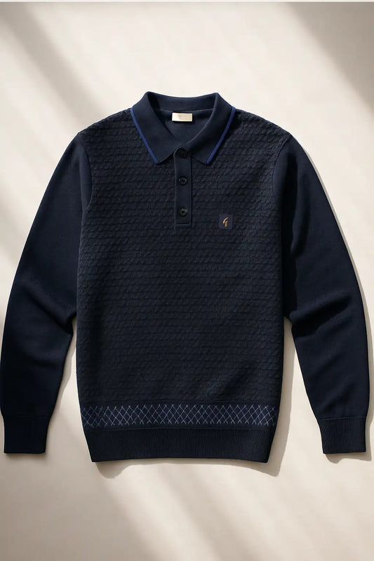 Vintage Cable Knit Polo Shirt - Navy