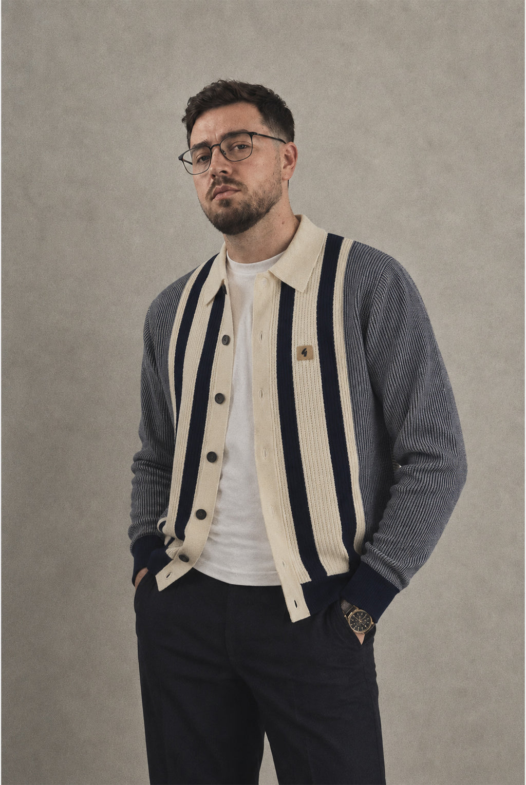 Gabbici Vintage Pascal Full Button Knitted Polo – Navy & Ecru