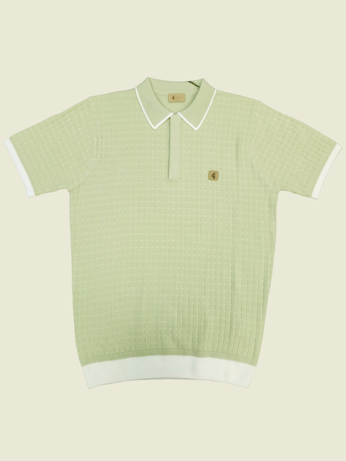 Gabicci Vintage - Short Sleeve Knitted Polo -Pistachio Textured Pattern