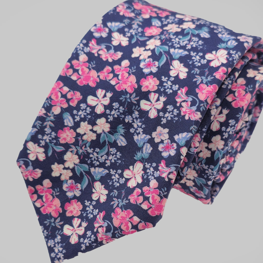 Wild Flower Tie and Hankie Set - Navy Pink