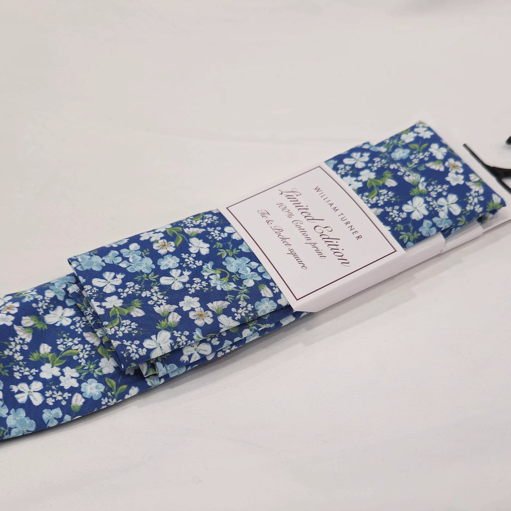 Wild Flower Tie and Hankie Set - Navy Sky