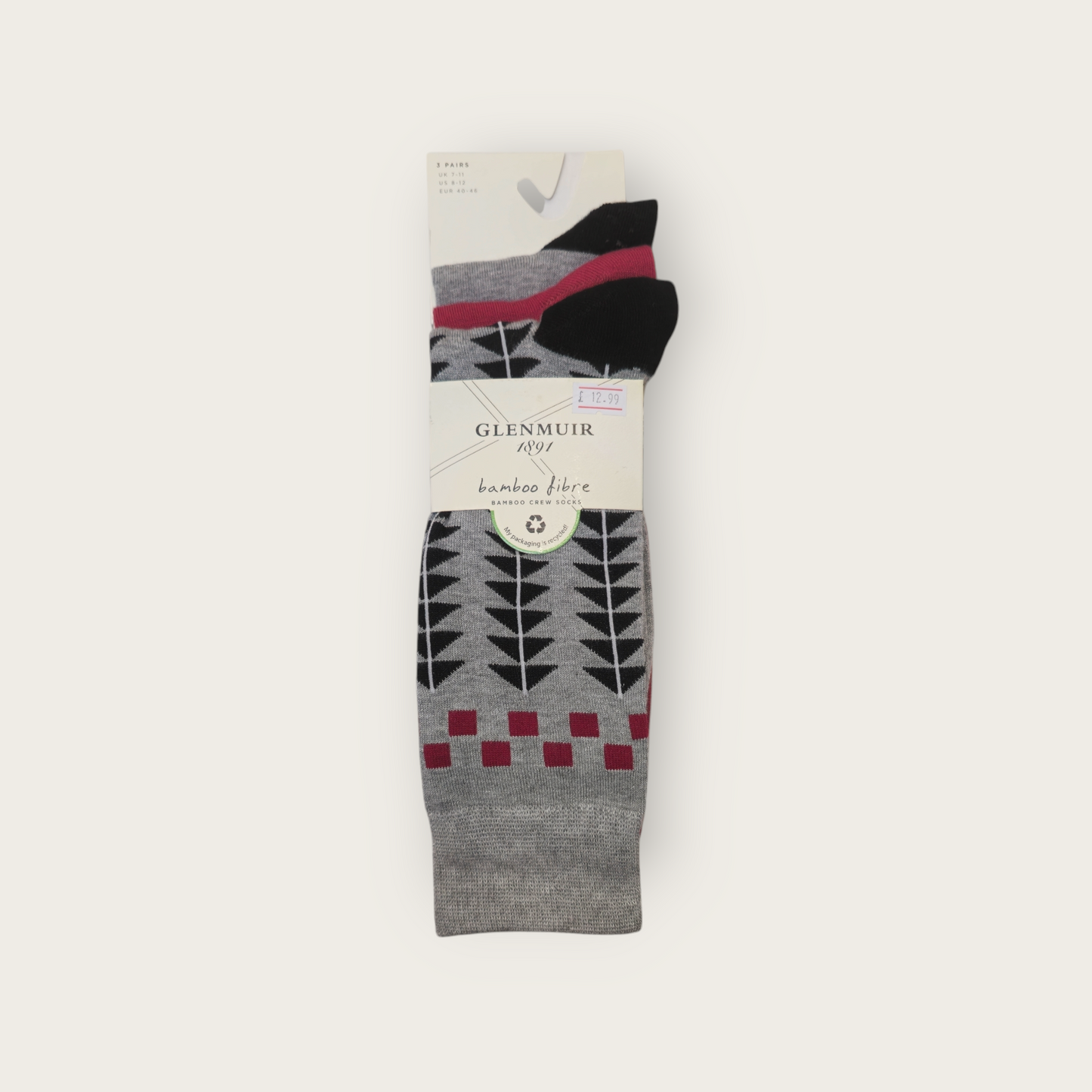 Glenmuir Soft Bamboo 3 Pack Socks - Grey Pattern