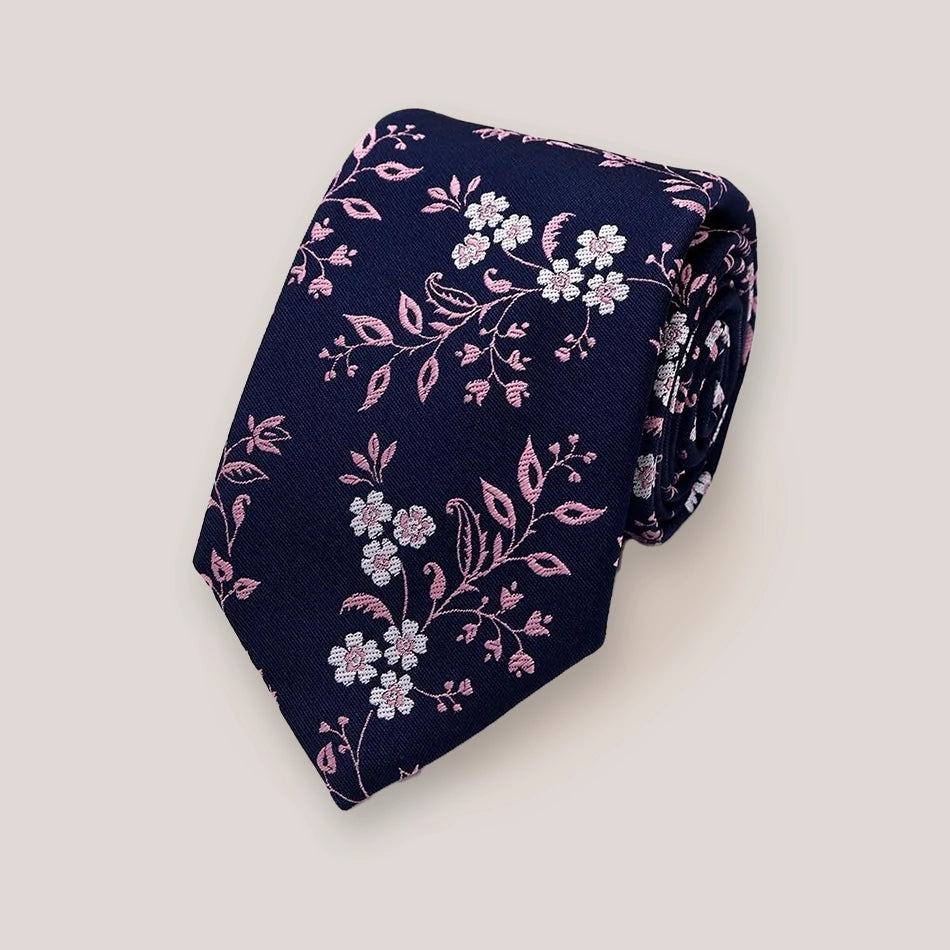 Leafy Floral Tie - Pink On Navy 1914/1