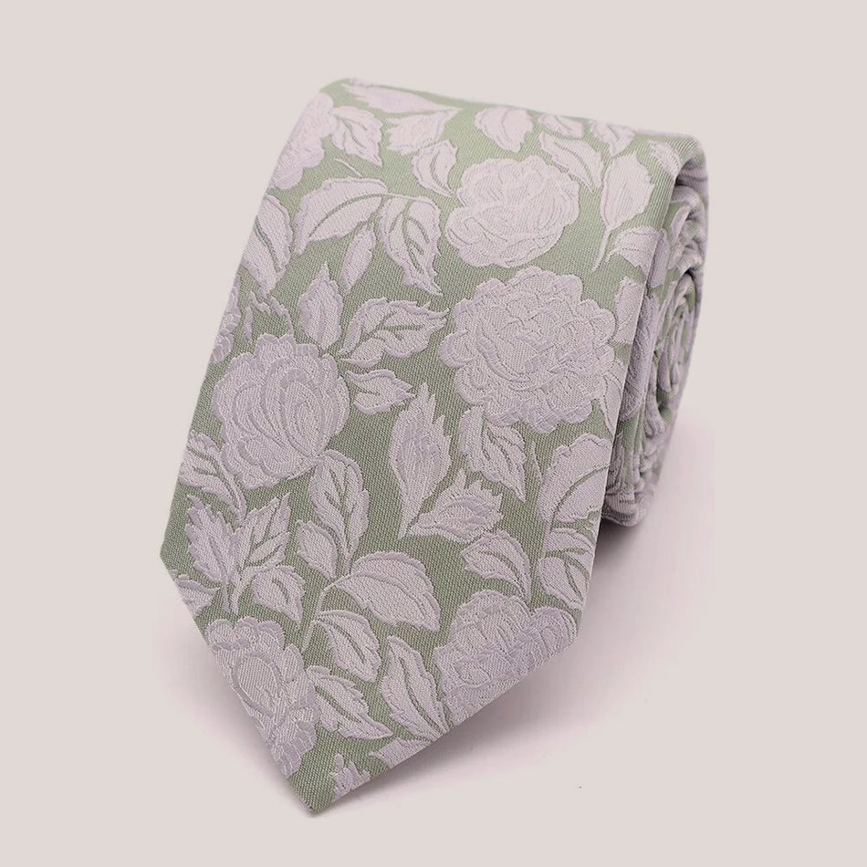 Wedding Rose Tie - Silver on Sage Green 8010/5