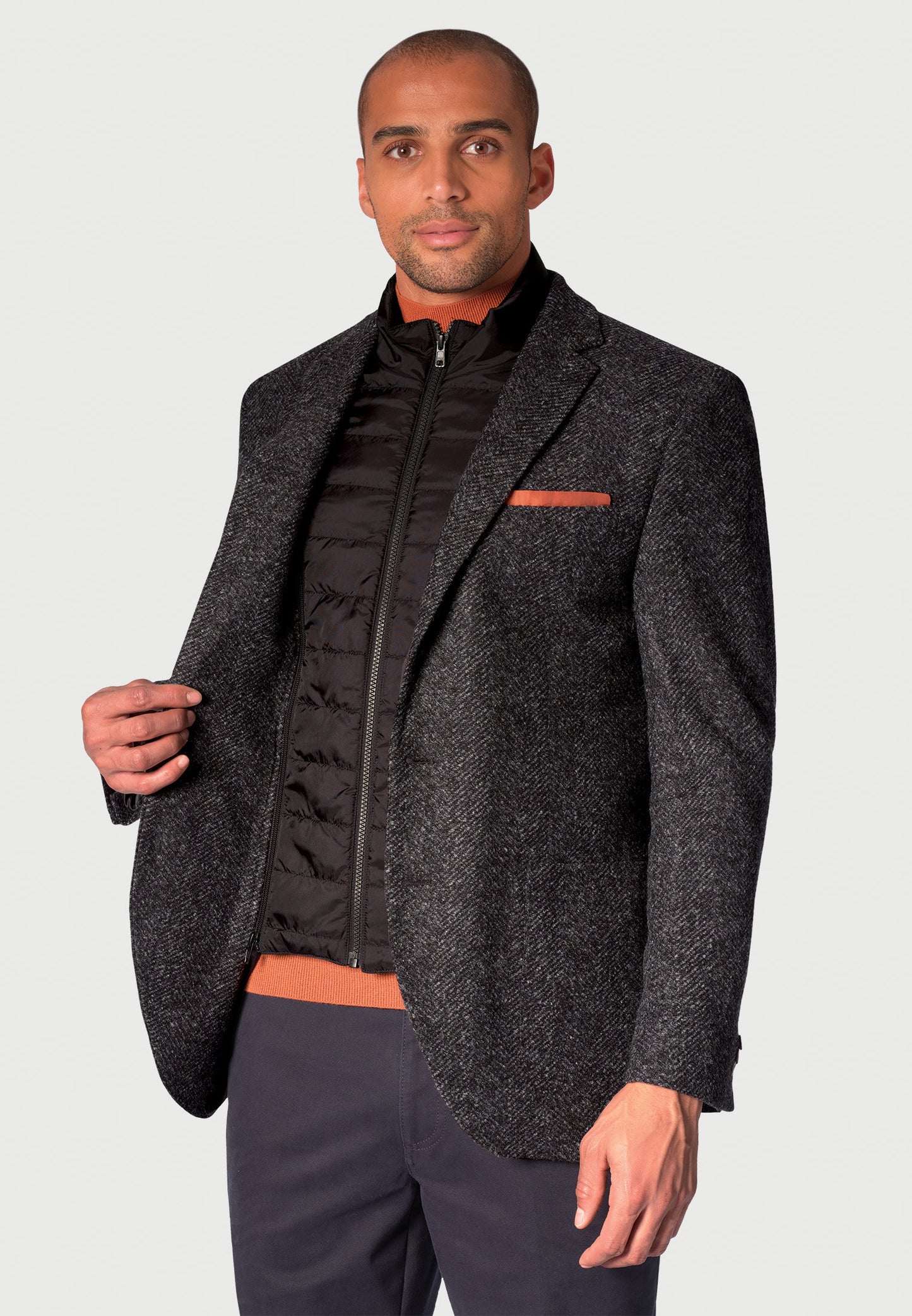 Irwell Charcoal Herringbone Jacket - with Zip Out Mock Gilet