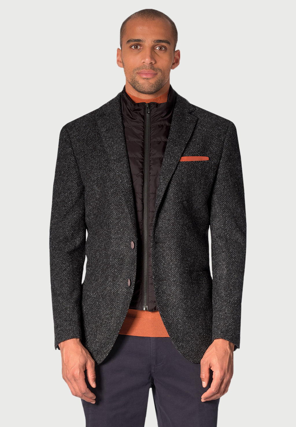 Irwell Charcoal Herringbone Jacket - with Zip Out Mock Gilet