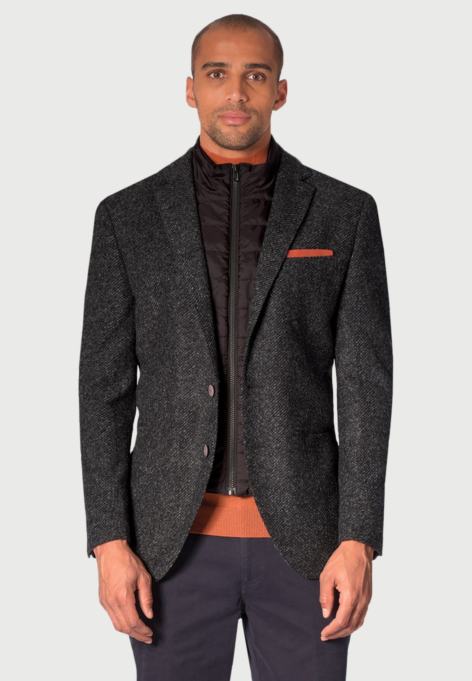 Irwell Charcoal Herringbone Jacket - with Zip Out Mock Gilet