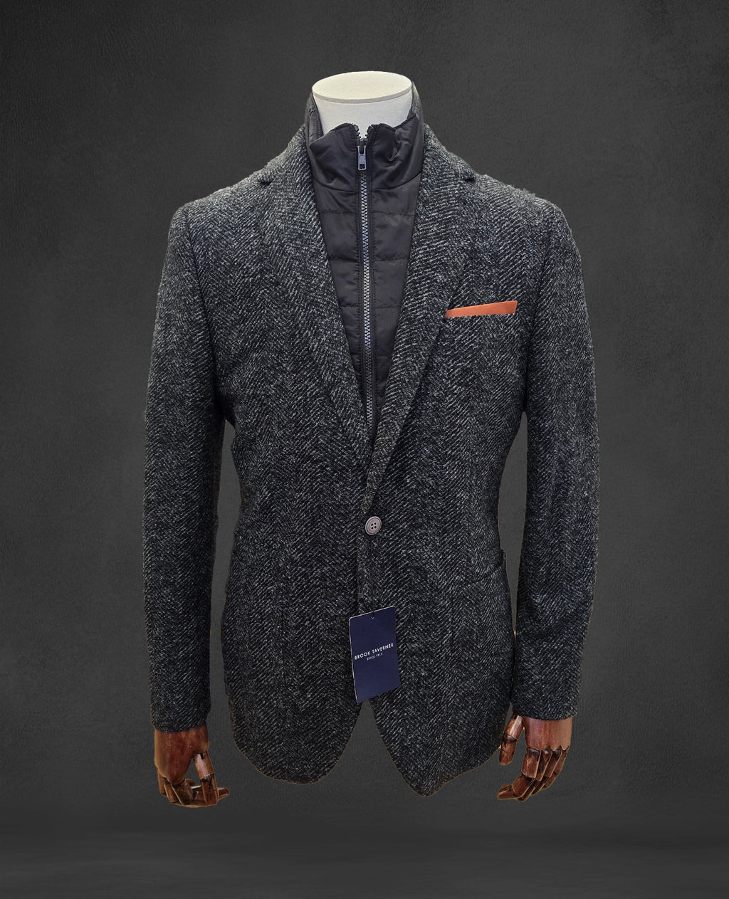 Irwell Charcoal Herringbone Jacket - with Zip Out Mock Gilet