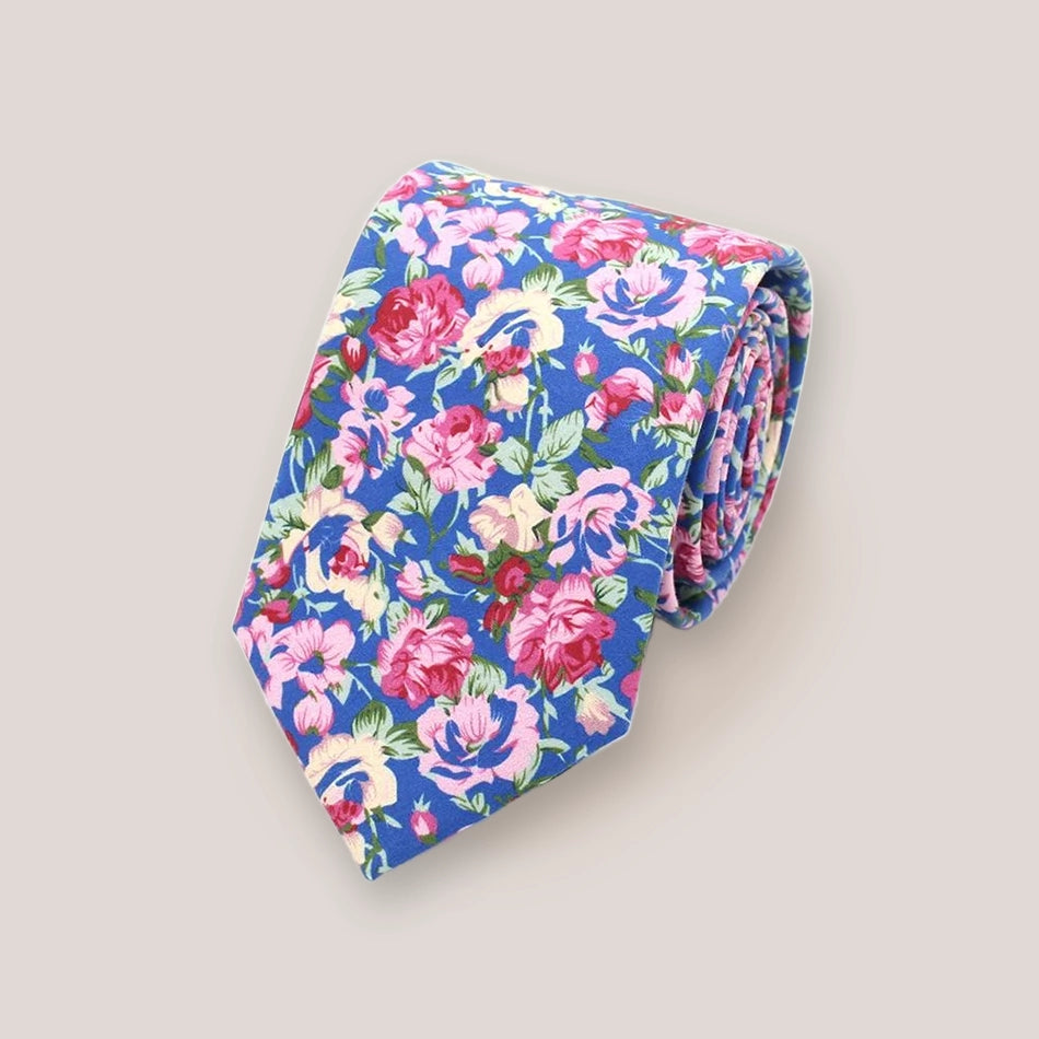 Beautiful Floral Cotton Tie - Pink on Blue 4048/4