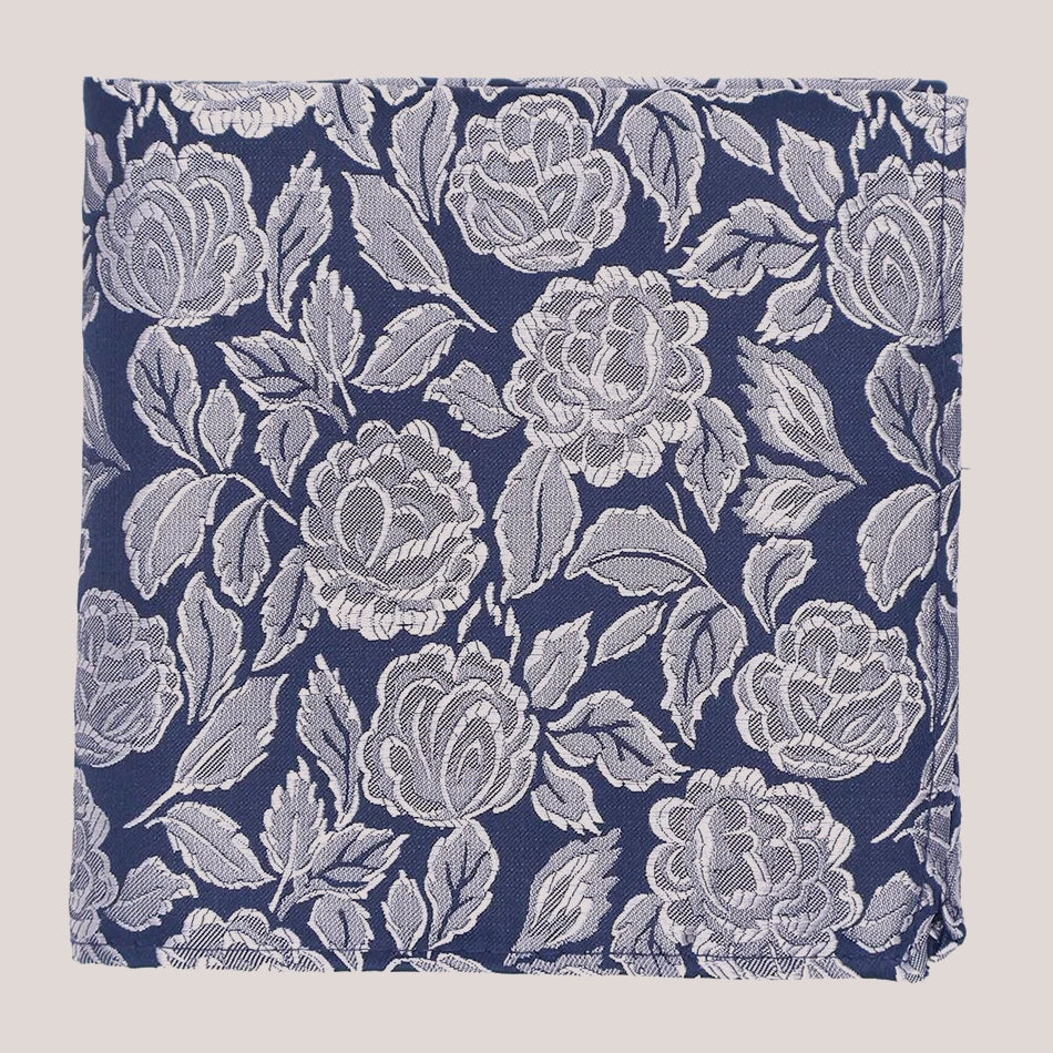 Wedding Rose Hankie - Silver on Navy 8012/1