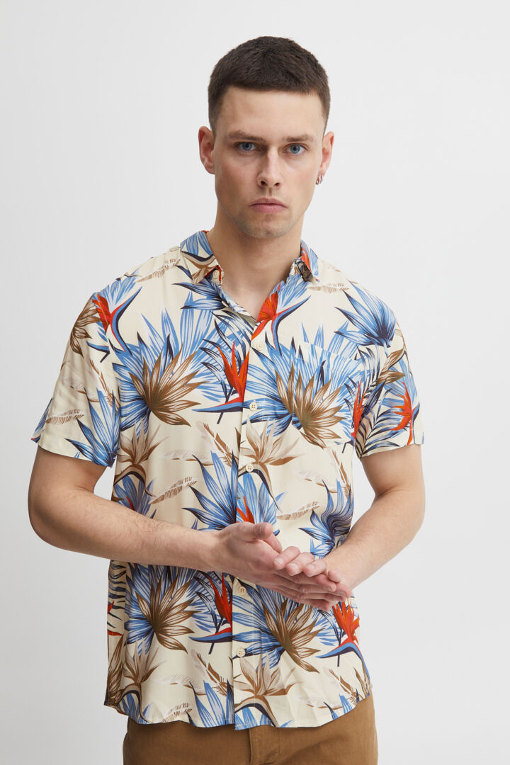 Palm Print Camp Collar Short Sleeve Shirt - Cream