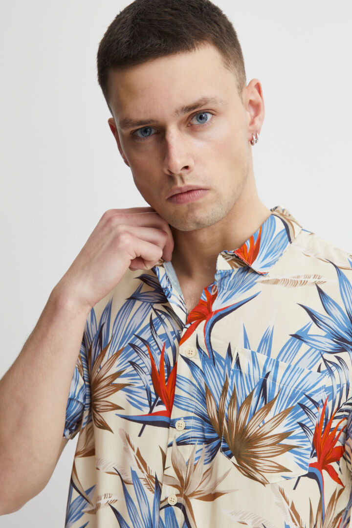 Palm Print Camp Collar Short Sleeve Shirt - Cream
