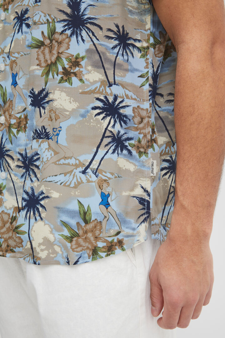 Palm Print Camp Collar Short Sleeve Shirt - Blue