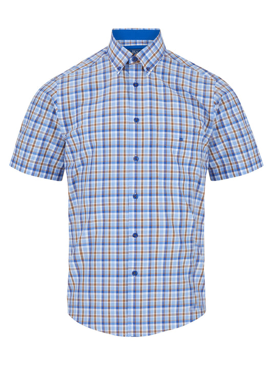 Cotton-Blend Button-Down Short-Sleeve Shirt - Blue / Tan Check