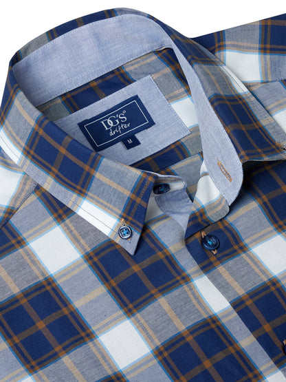 Cotton-Rich Button-Down Short-Sleeve Shirt - Navy / Tan Check