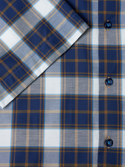 Cotton-Rich Button-Down Short-Sleeve Shirt - Navy / Tan Check