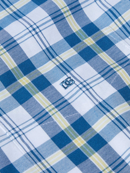 Cotton-Rich Button-Down Short-Sleeve Shirt - White / Blue Check