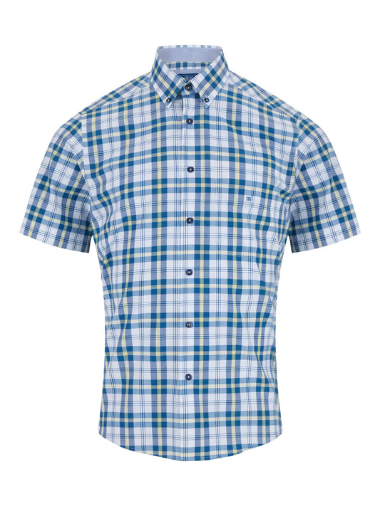 Cotton-Rich Button-Down Short-Sleeve Shirt - White / Blue Check