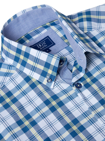 Cotton-Rich Button-Down Short-Sleeve Shirt - White / Blue Check