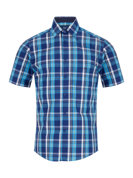 Pure Cotton Button-Down Short-Sleeve Shirt - Blue Check