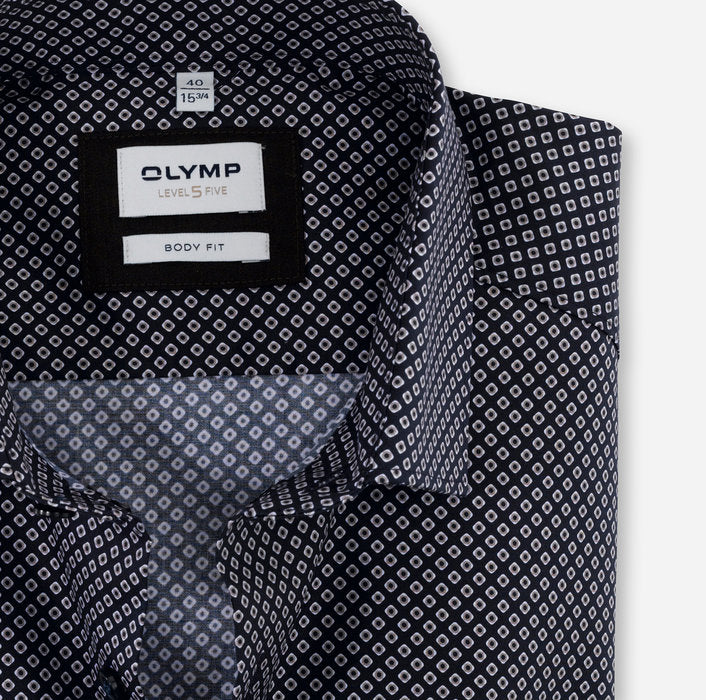 OLYMP Level Five Body Fit, Business Shirt, Modern Kent, Navy Geometric Print
