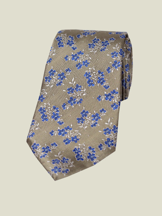 Pure Silk Woven - Beige and Navy Floral Tie